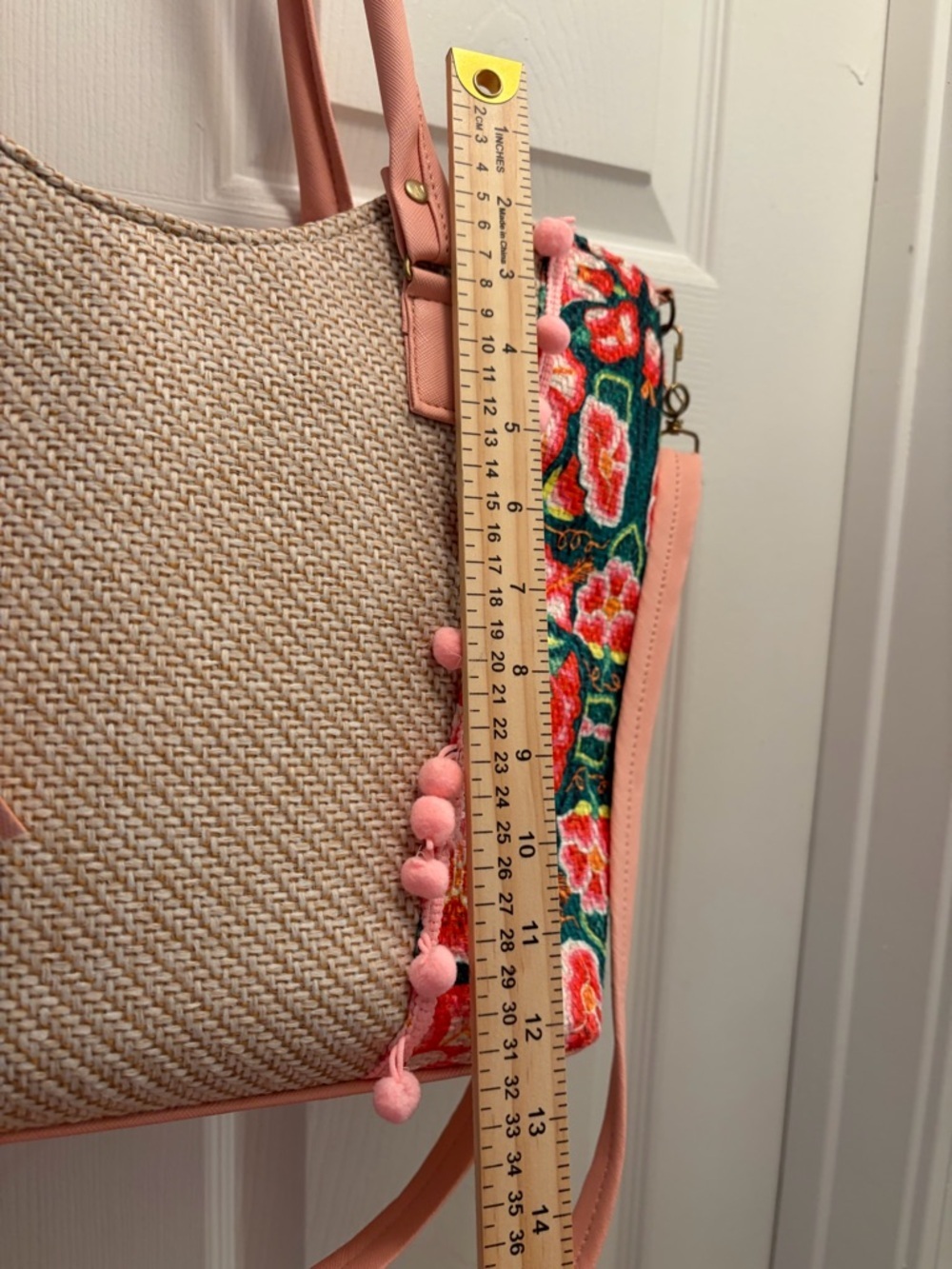 Boho Floral Tote Bag Pink Pom Pom Crossbody Purse - Picture 4 of 8